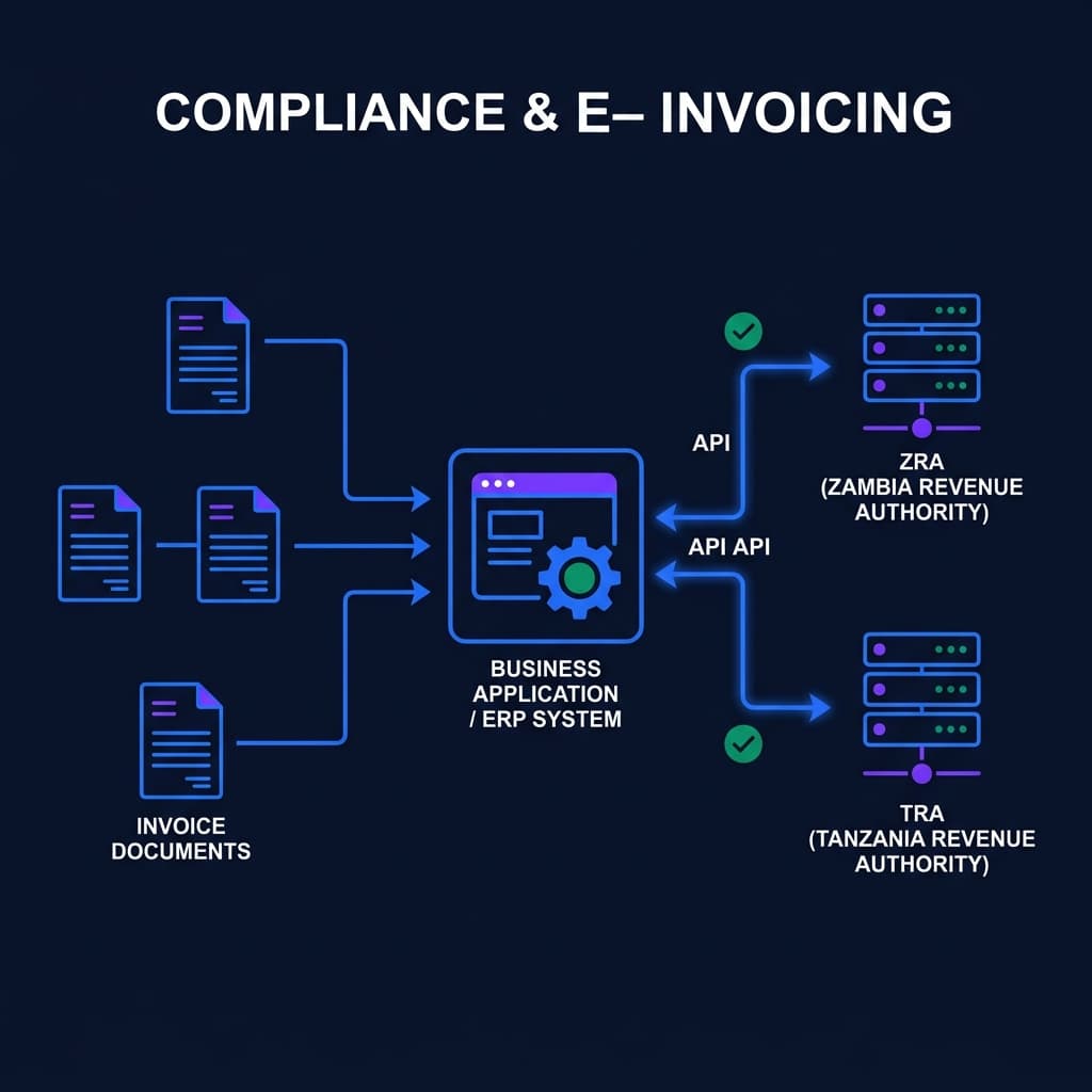 Technical diagram of the dual-jurisdiction e-invoicing integration for ZRA and TRA